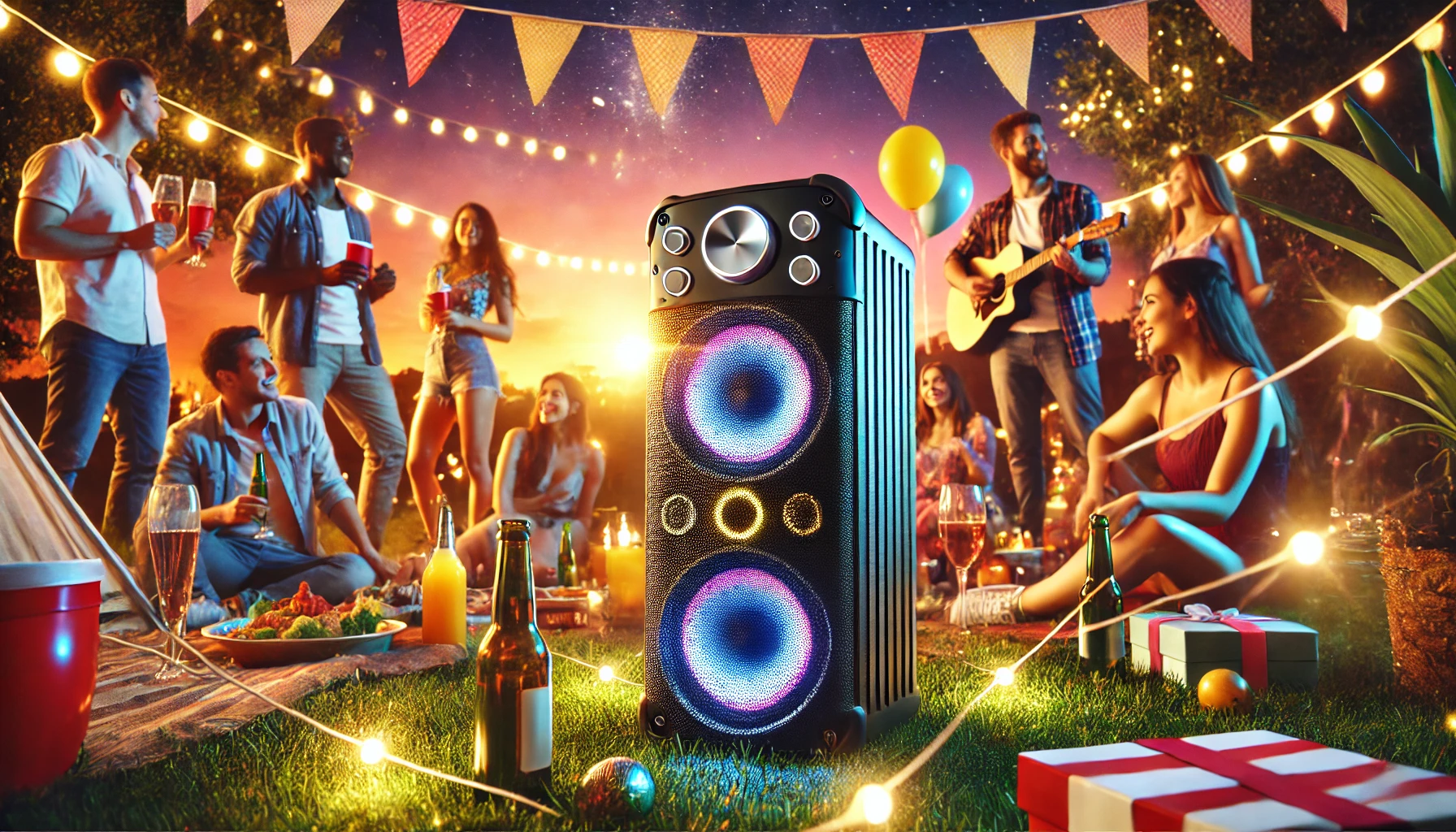 A vibrant scene featuring a modern, high-quality portable party speaker (party box) in an outdoor gathering. The speaker is designed with sleek black