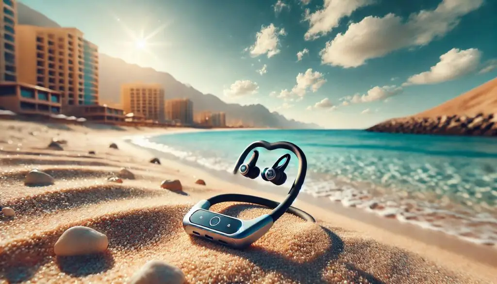 DALL·E 2024-12-30 12.10.16 - A beautiful and scenic image of a wireless neckband earphone (neckband headphones) placed on a sandy beach by the Persian Gulf, with clear blue water